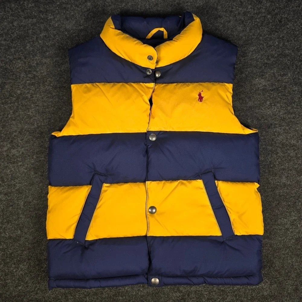 Vtg Polo Ralph Lauren Youth Navy Yellow Rugby Stripe Puffer Vest Big Logo Size 7
